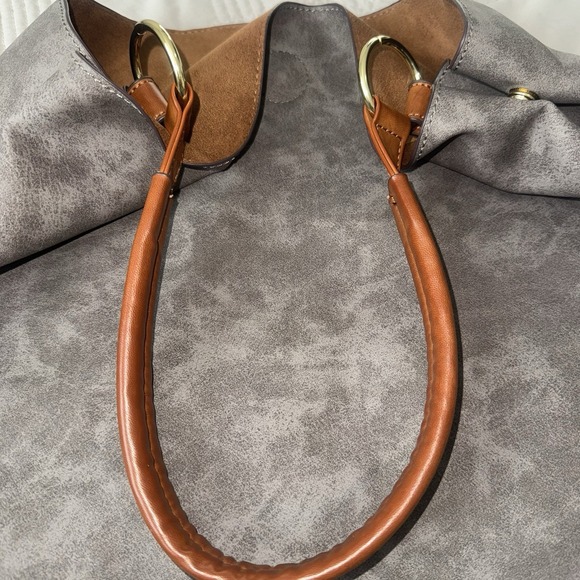 Anthropologie Slouchy Suede Like Gray Tote With Matching Anthropologie Pouch - Picture 7 of 12